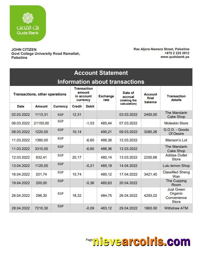 Palestine Quds bank statement